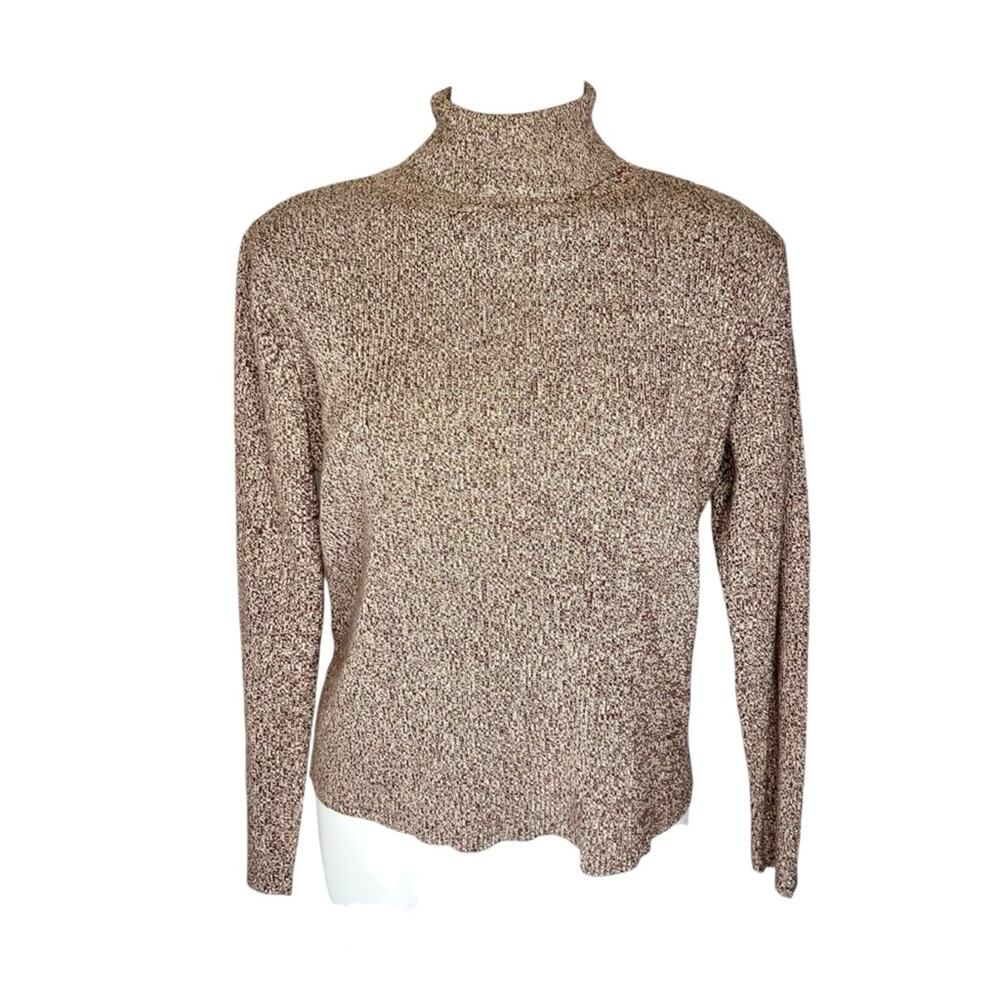 Y2K Liz Claiborne Brown Knit Cotton Sweater Turtleneck Ribbed Pullover size XL